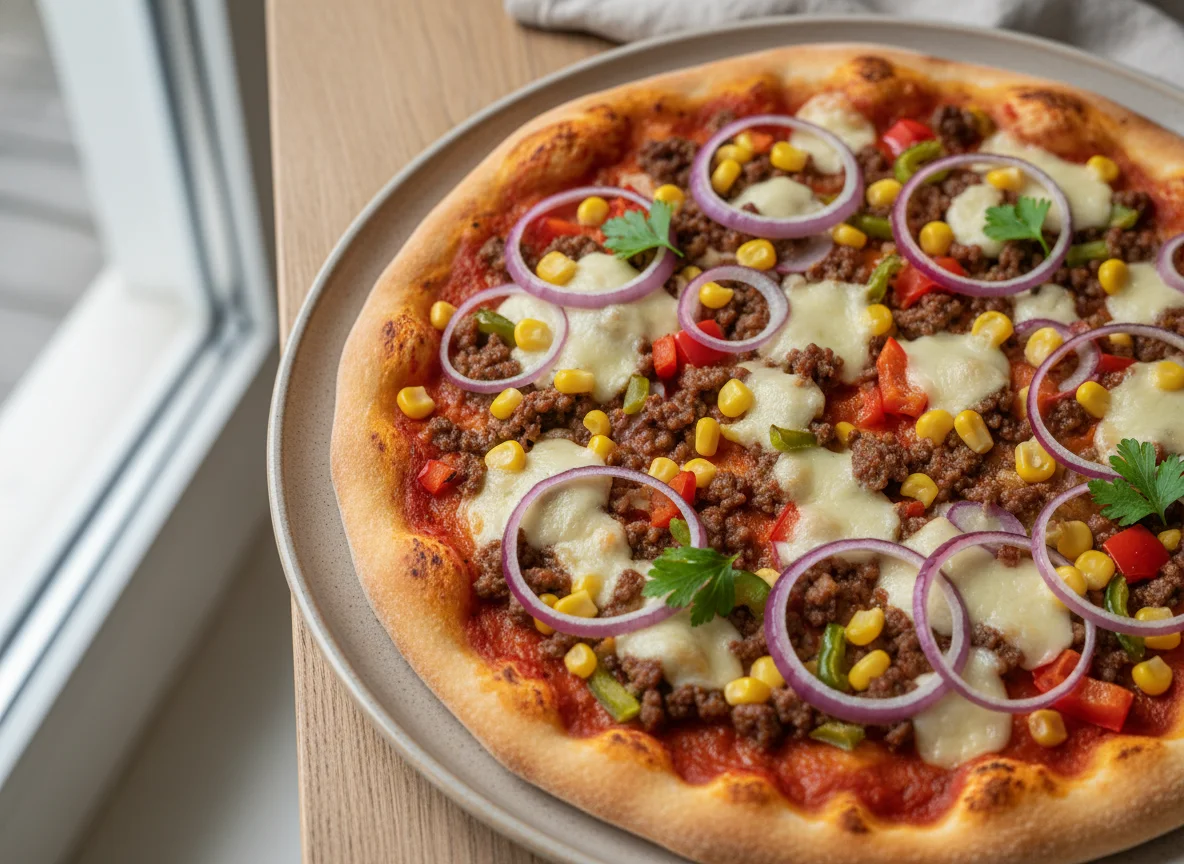 Pizza mit Hackfleisch und Gemüse photo