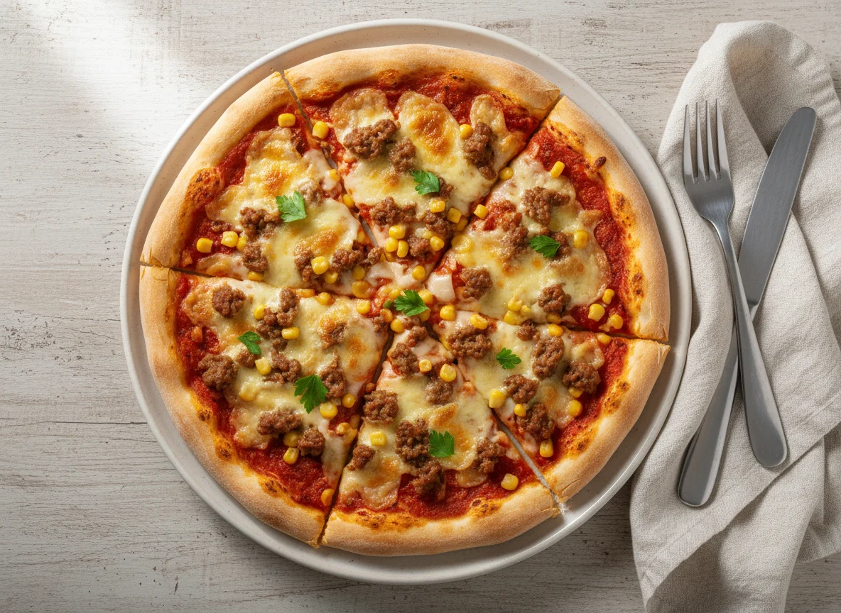 Pizza mit Hackfleisch und Mais photo