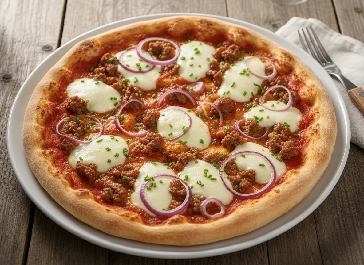 Pizza mit Hackfleisch und roten Zwiebeln photo