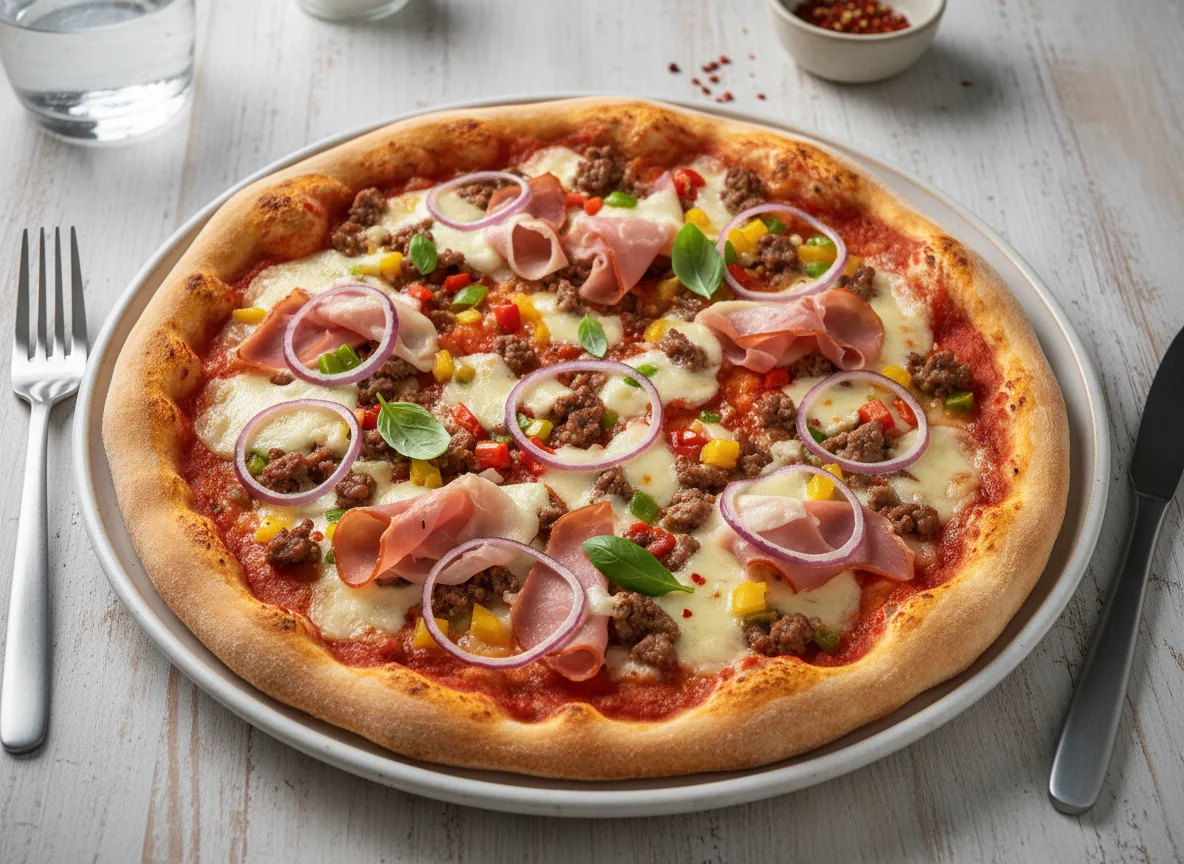 Pizza mit Hackfleisch und Schinken photo