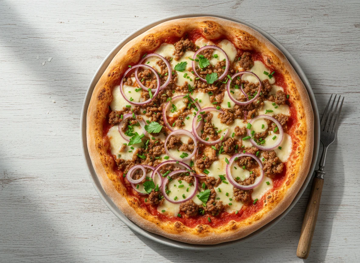 Pizza mit Hackfleisch und Zwiebeln photo