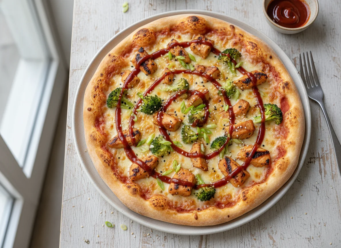 Pizza mit Hähnchen, Brokkoli und BBQ-Sauce photo