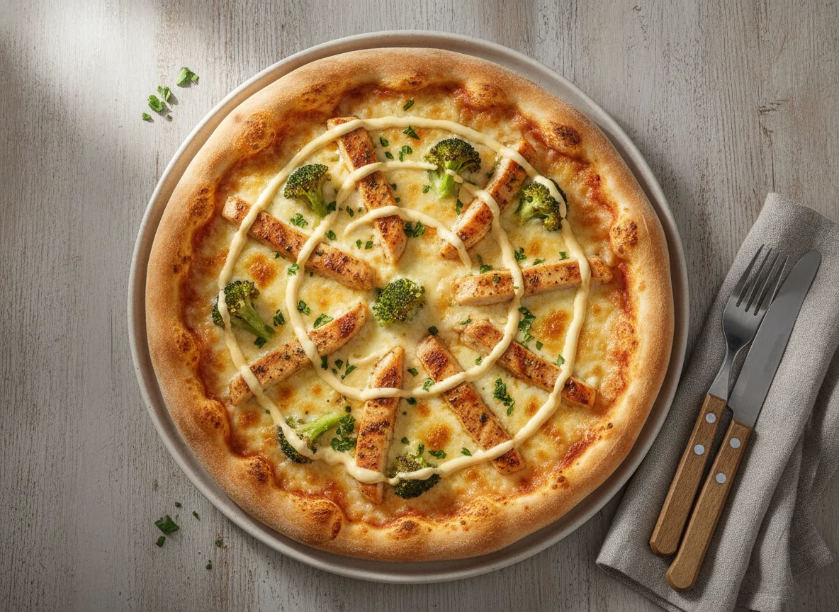Pizza mit Hähnchen, Brokkoli und Sauce Hollandaise photo