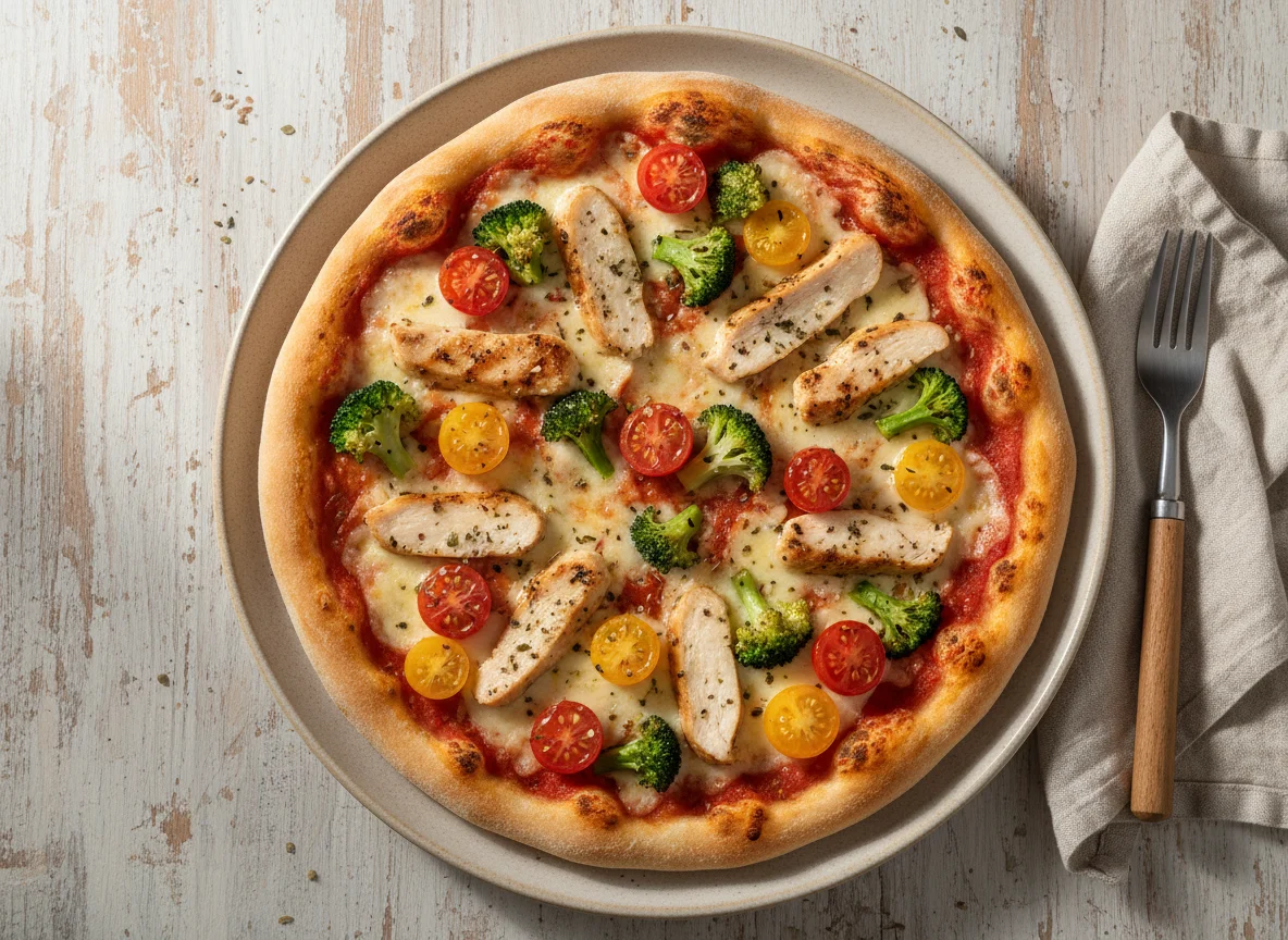 Pizza mit Hähnchen, Brokkoli und Tomaten photo