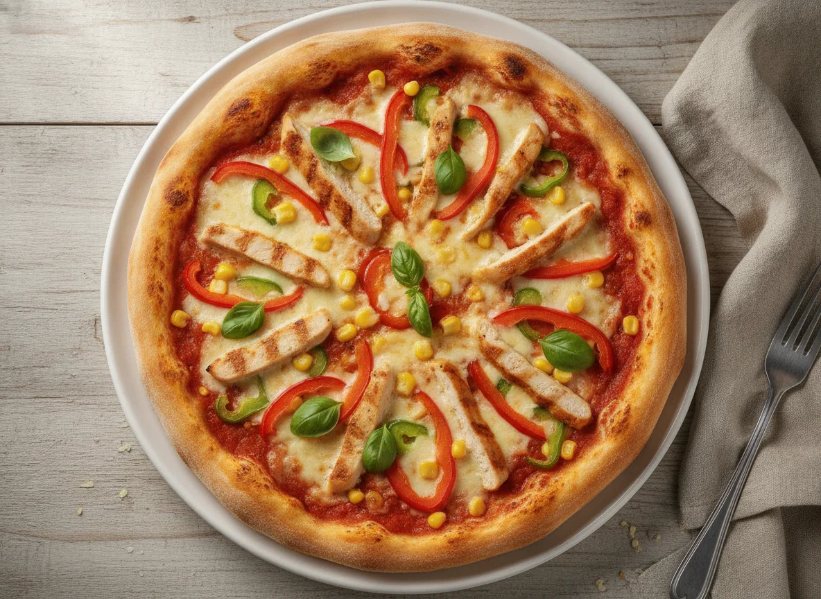 Pizza mit Hähnchen, Mais und Paprika photo