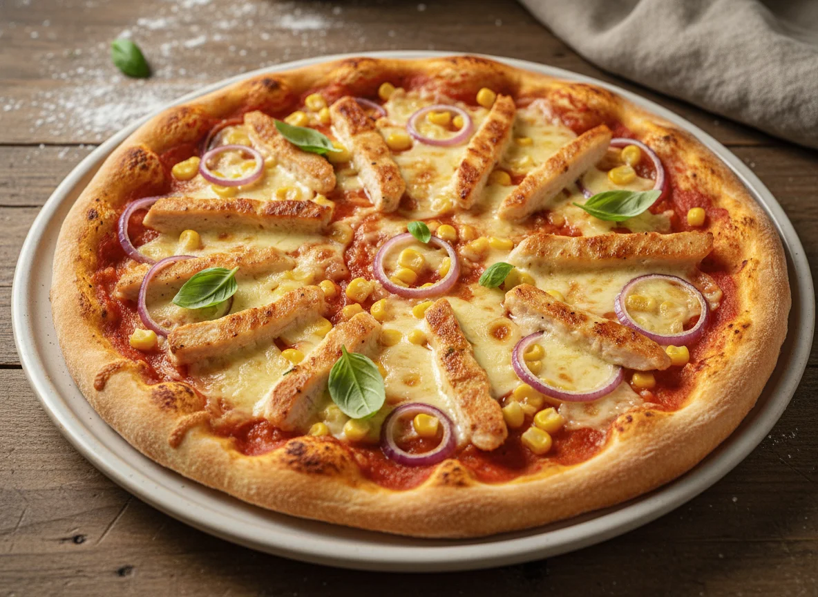 Pizza mit Hähnchen, Mais und Zwiebeln photo