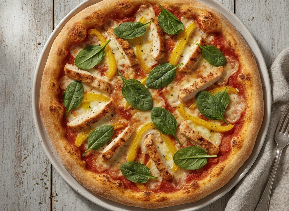 Pizza mit Hähnchen, Paprika und Spinat photo