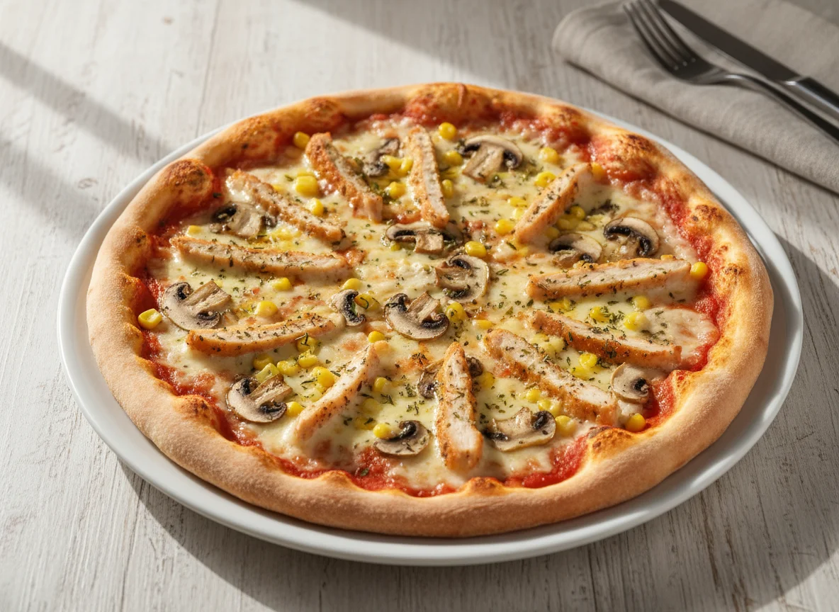 Pizza mit Hähnchen, Pilzen und Mais photo