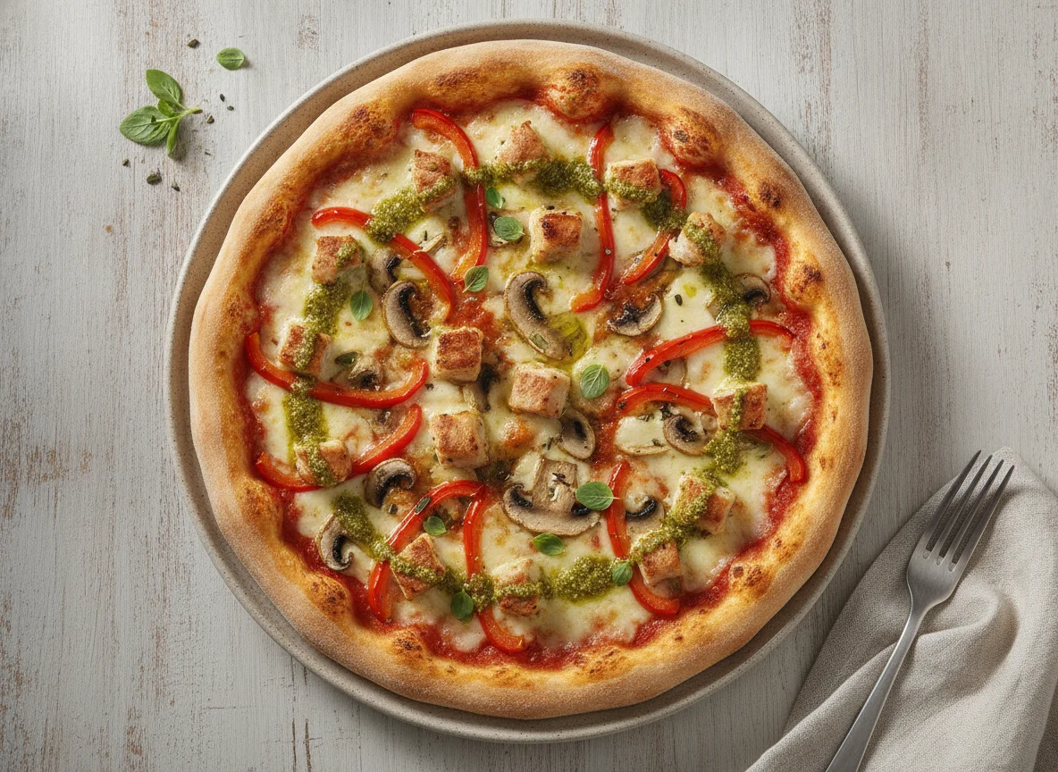 Pizza mit Hähnchen, Pilzen und Paprika photo