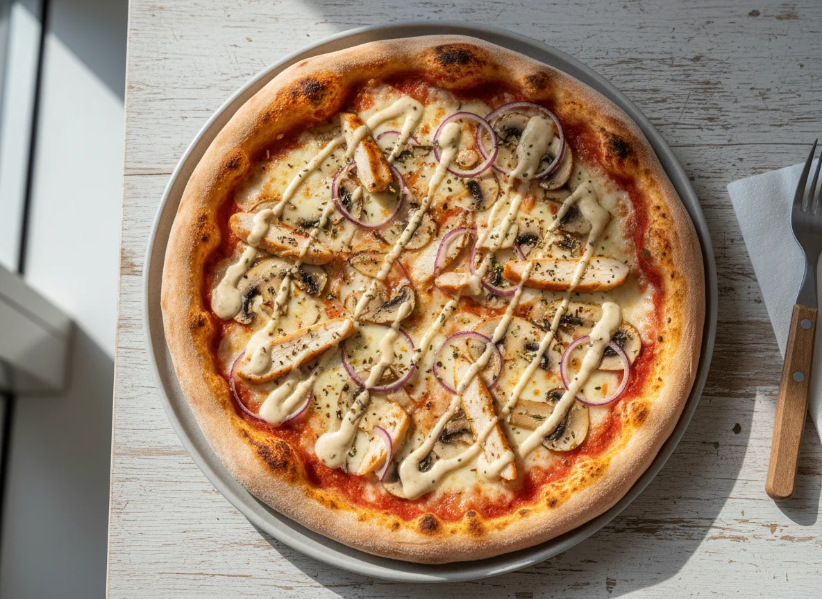 Pizza mit Hähnchen, Pilzen und Zwiebeln photo