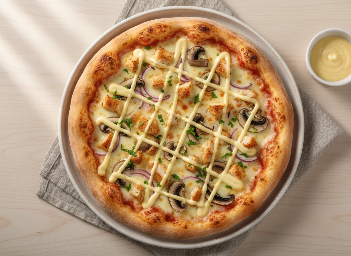 Pizza mit Hähnchen, Pilzen, Zwiebeln und Sauce Hollandaise photo