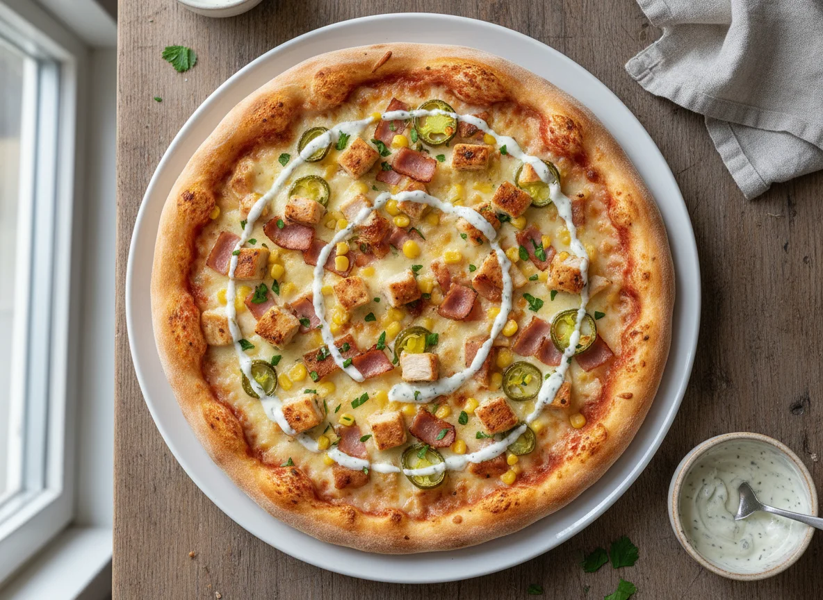 Pizza mit Hähnchen, Speck, Mais und Jalapeños photo