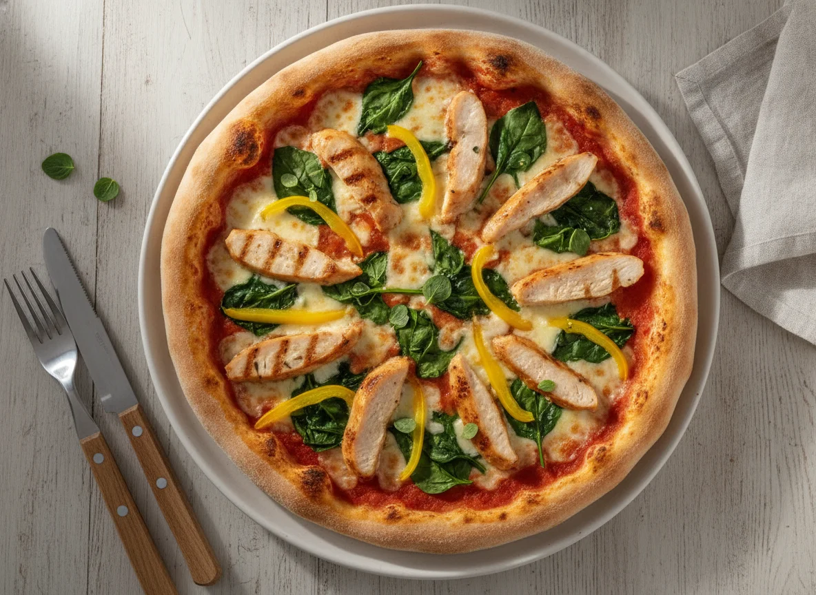 Pizza mit Hähnchen, Spinat und Paprika photo