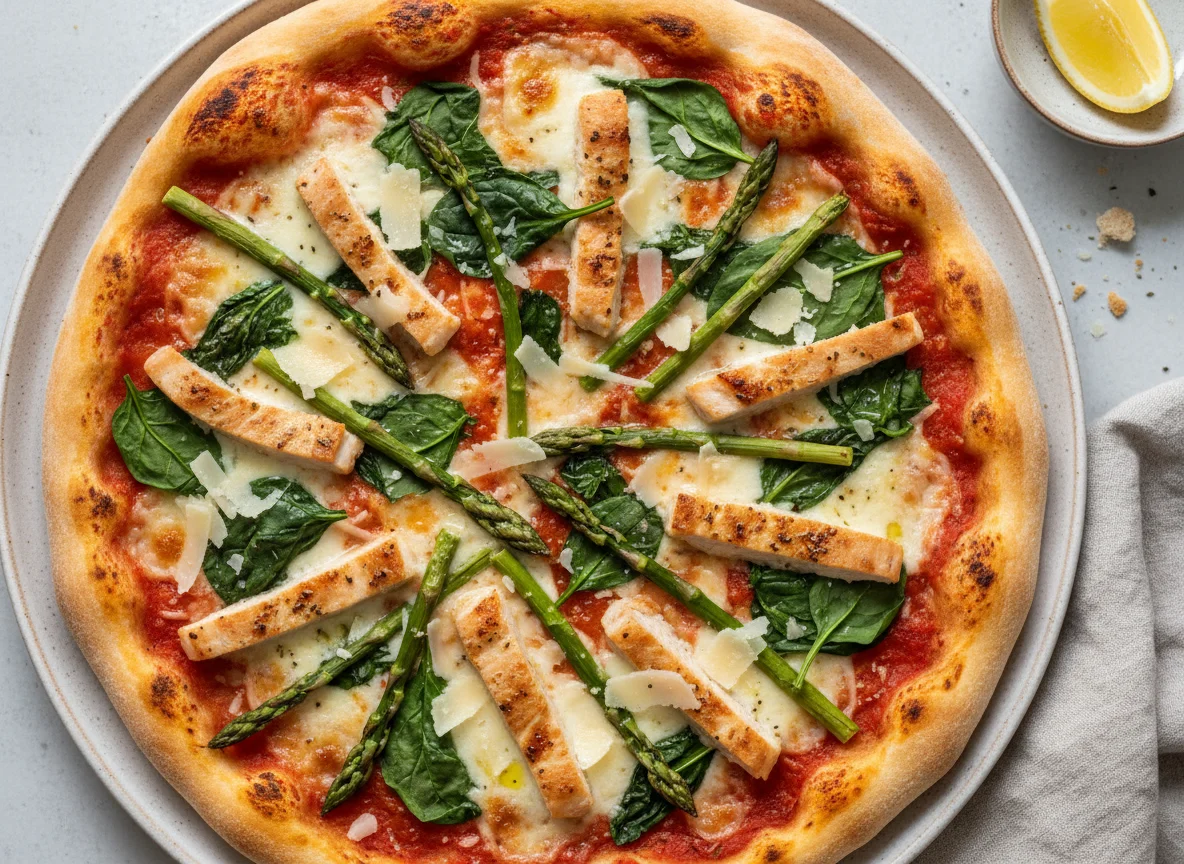 Pizza mit Hähnchen, Spinat und Spargel photo