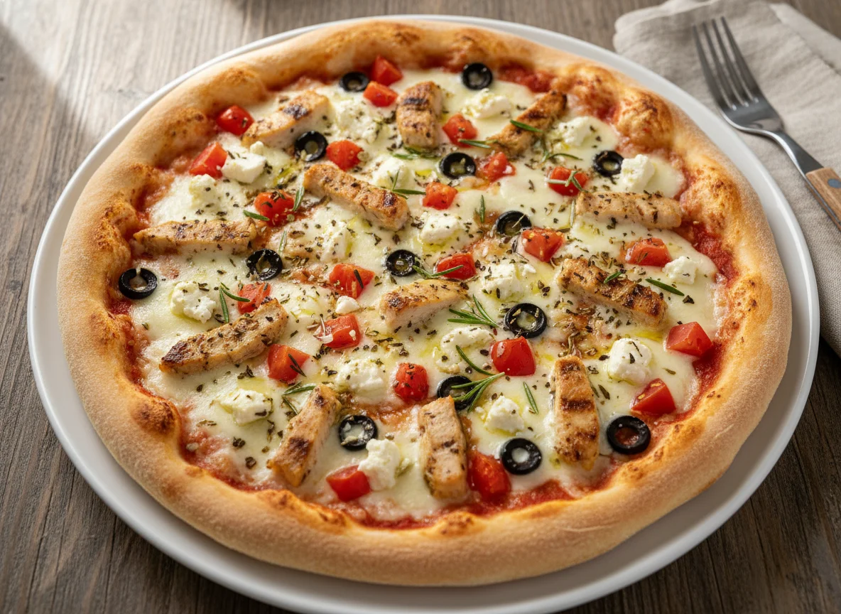 Pizza mit Hähnchen, Tomaten und Käse photo