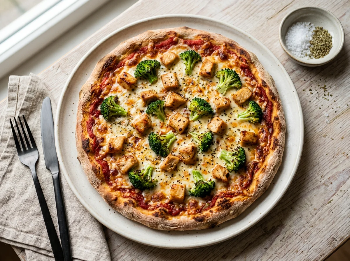 Pizza mit Hähnchen und Brokkoli photo