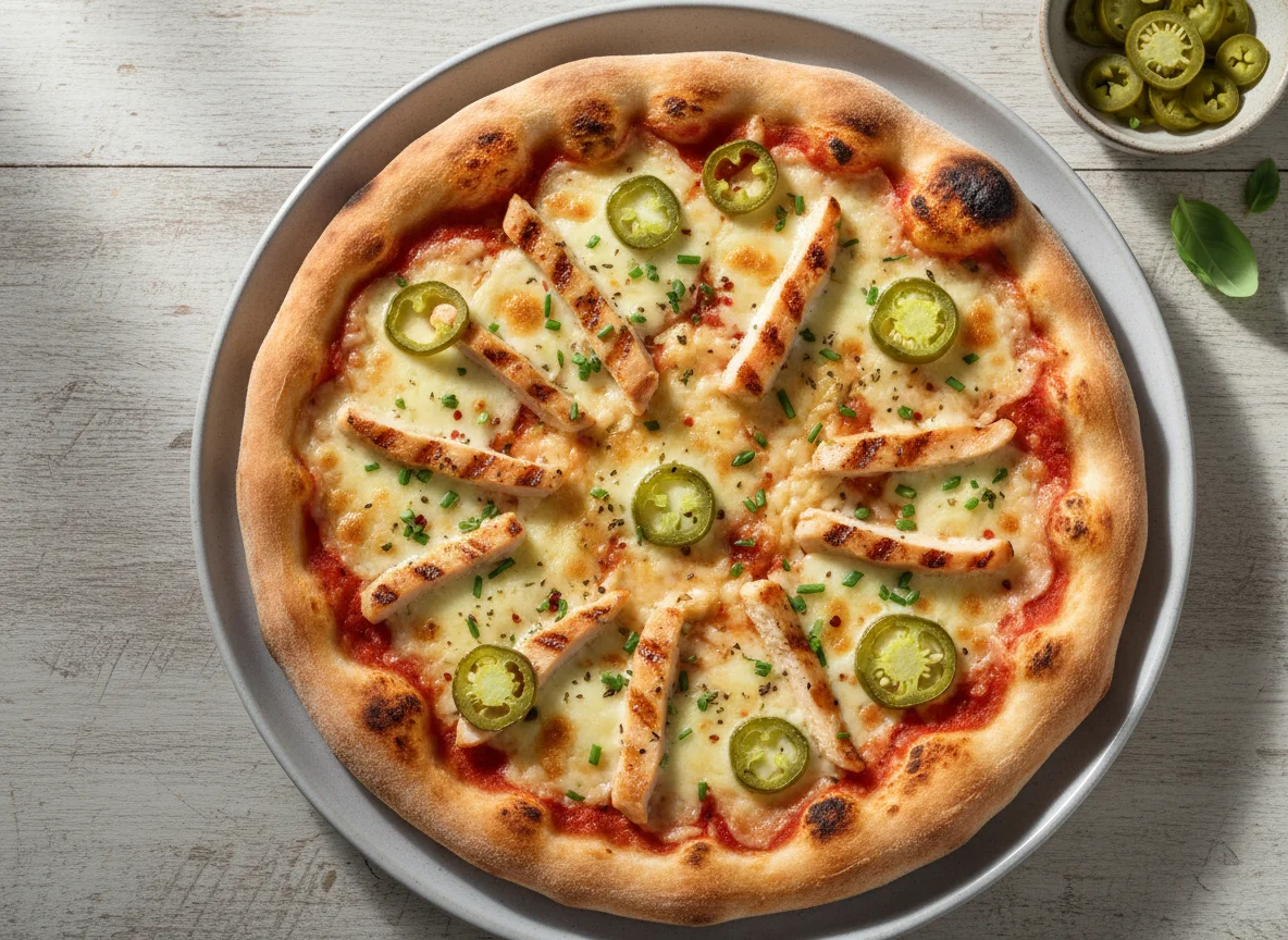 Pizza mit Hähnchen und Jalapeños photo