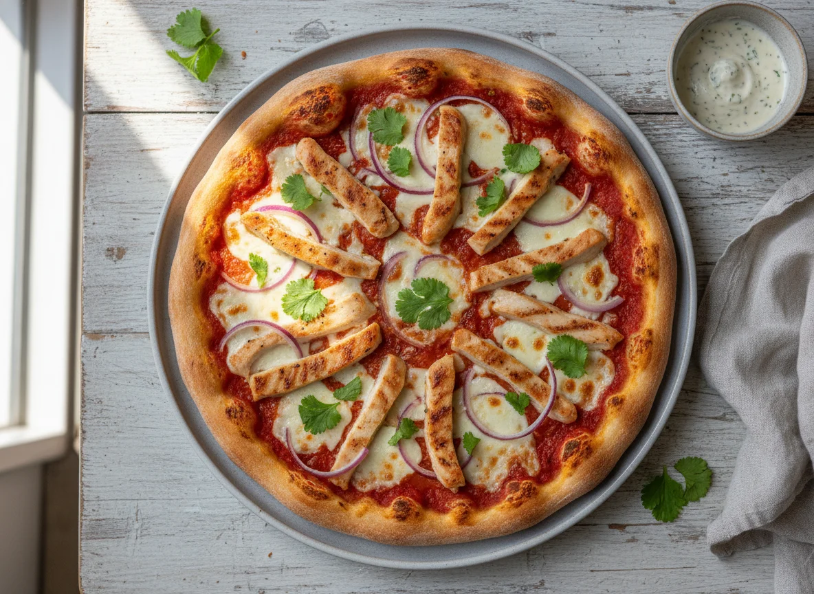 Pizza mit Hähnchen und Koriander photo