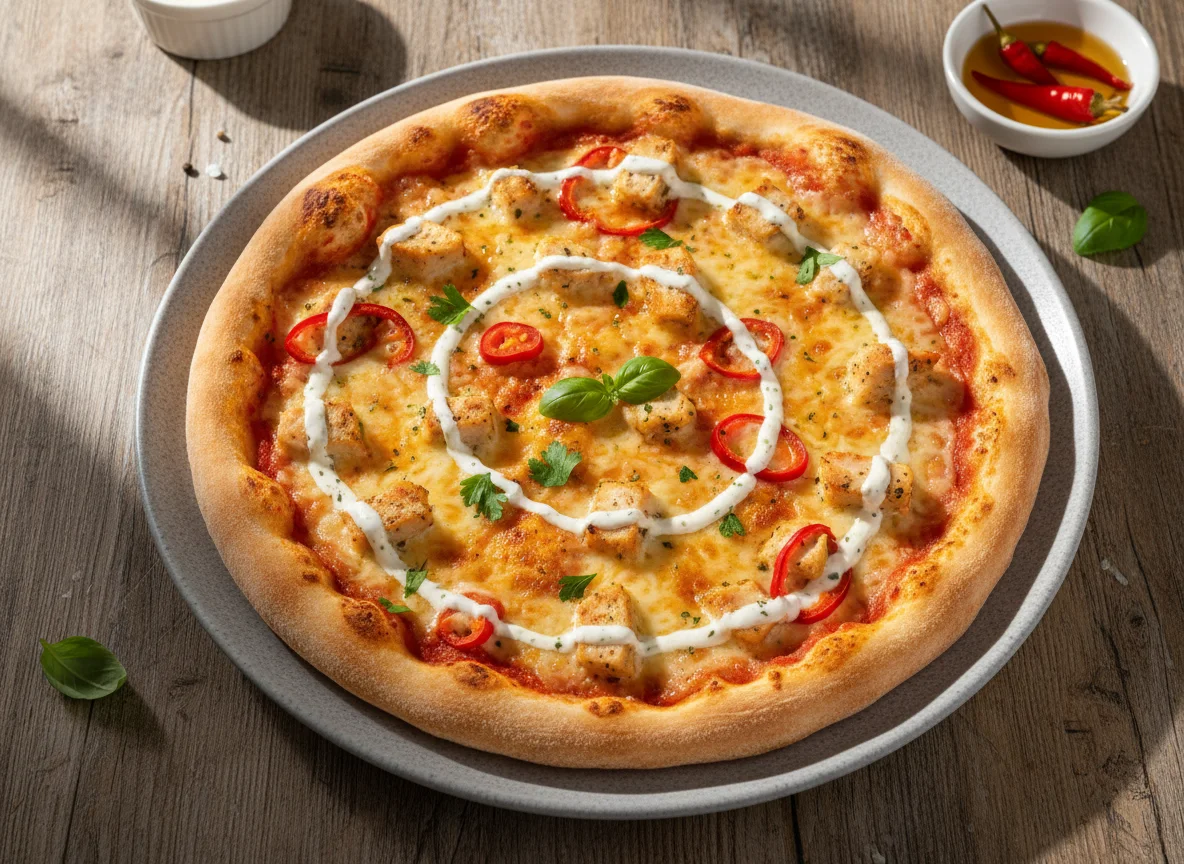 Pizza mit Hähnchen und Peperoni photo