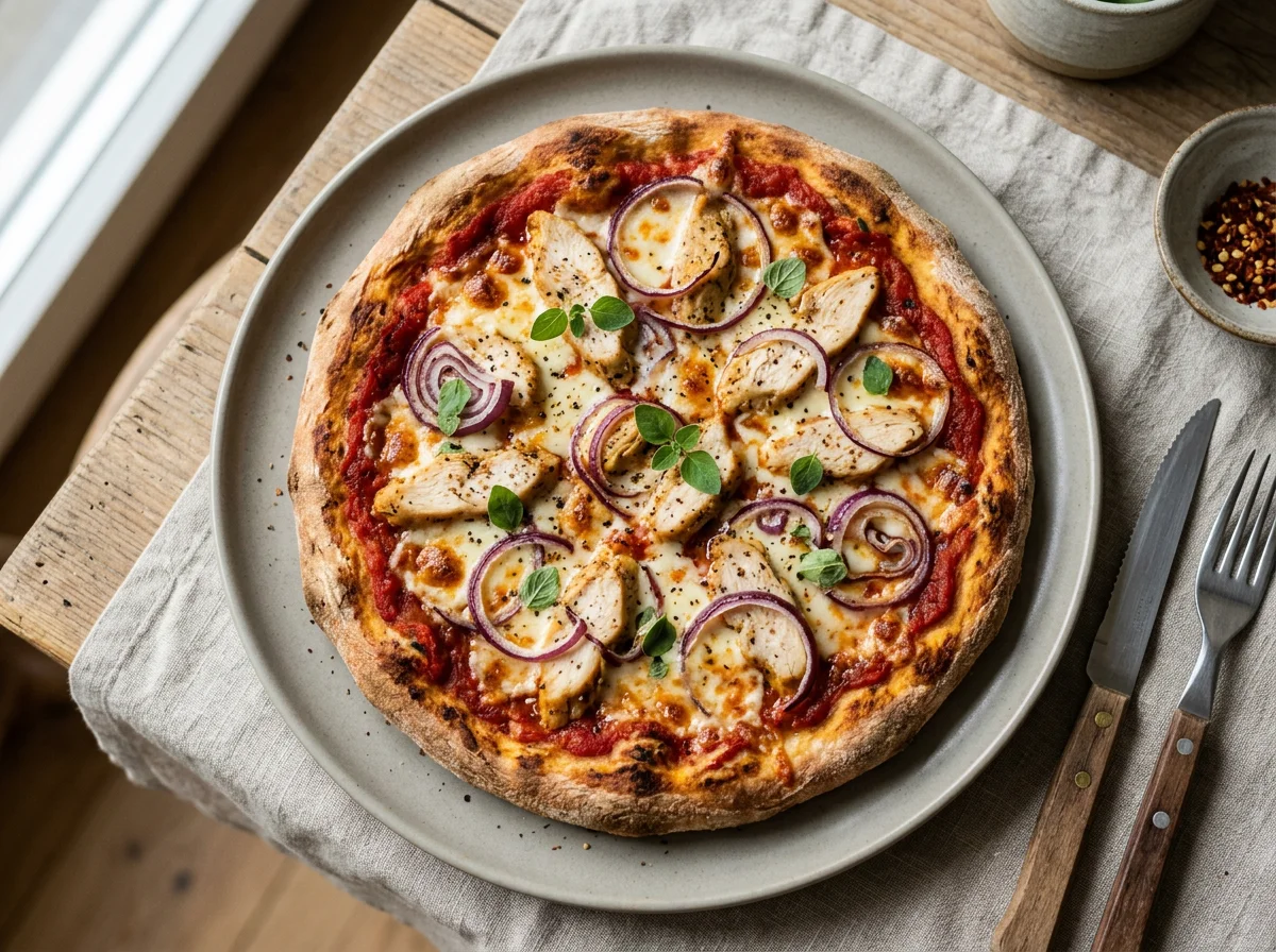 Pizza mit Hähnchen und roten Zwiebeln photo