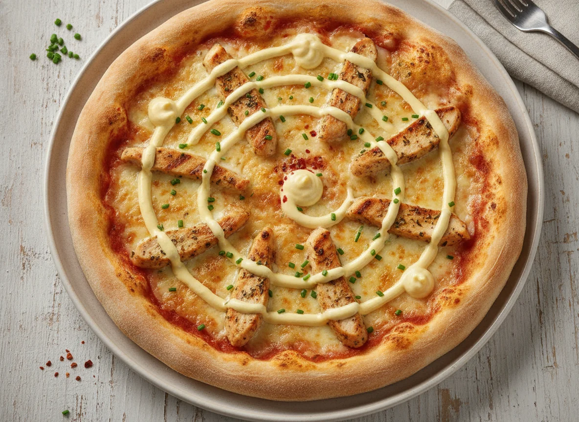 Pizza mit Hähnchen und Sauce Hollandaise photo
