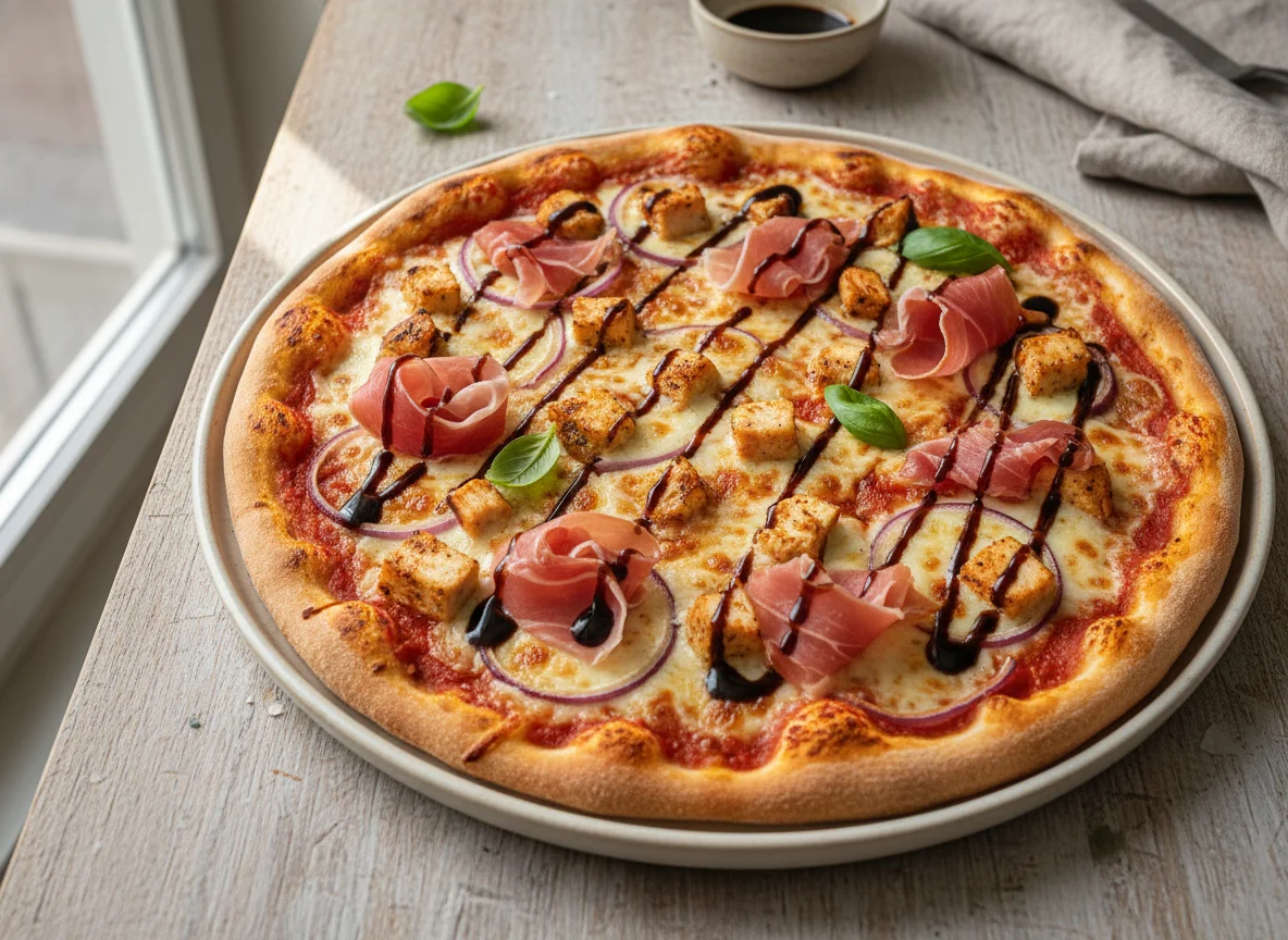 Pizza mit Hähnchen, Zwiebeln und Prosciutto photo
