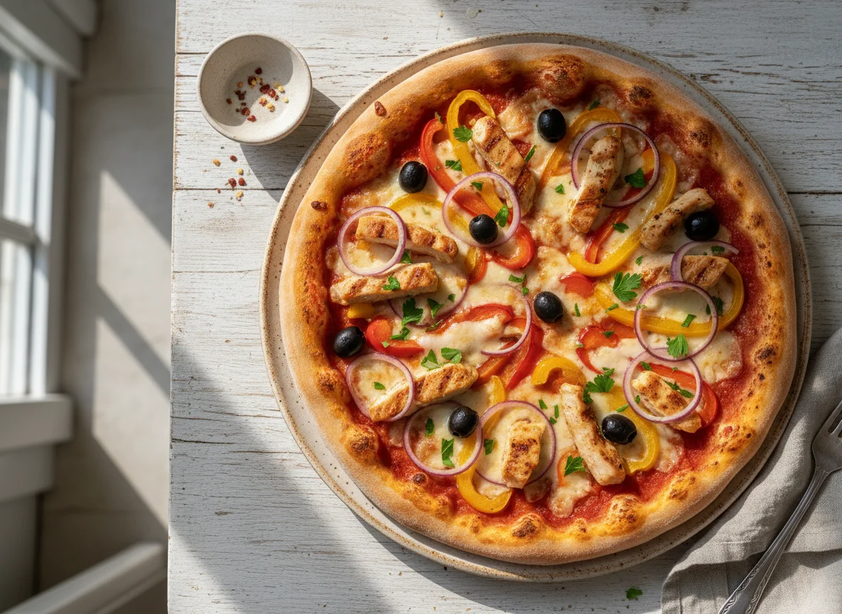 Pizza mit Huhn, Zwiebeln und Paprika photo
