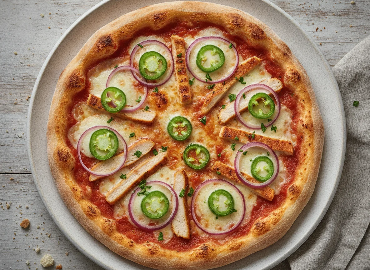 Pizza mit Jalapeños und roten Zwiebeln photo