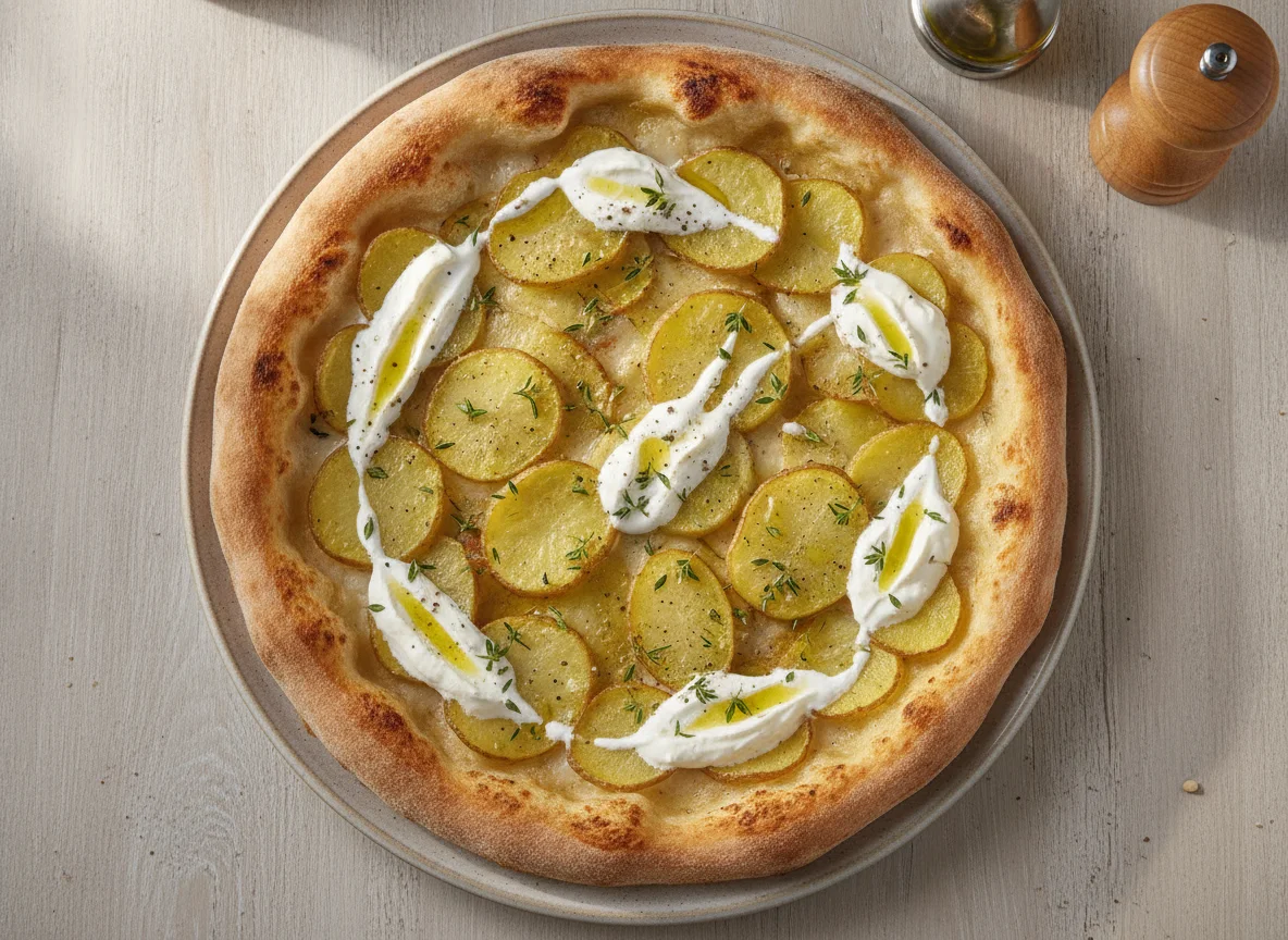 Pizza mit Kartoffel und Crème fraîche photo