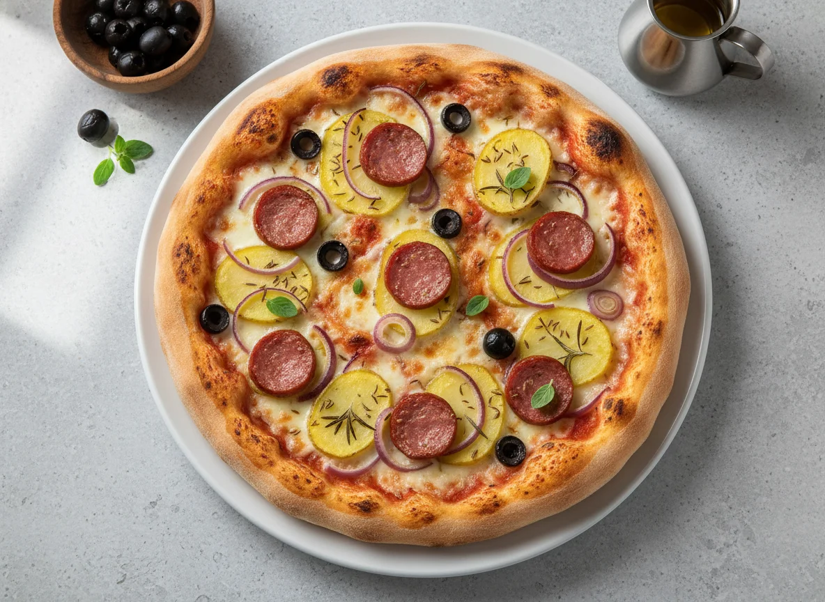 Pizza mit Kartoffeln, Zwiebeln, Oliven und Wurst photo