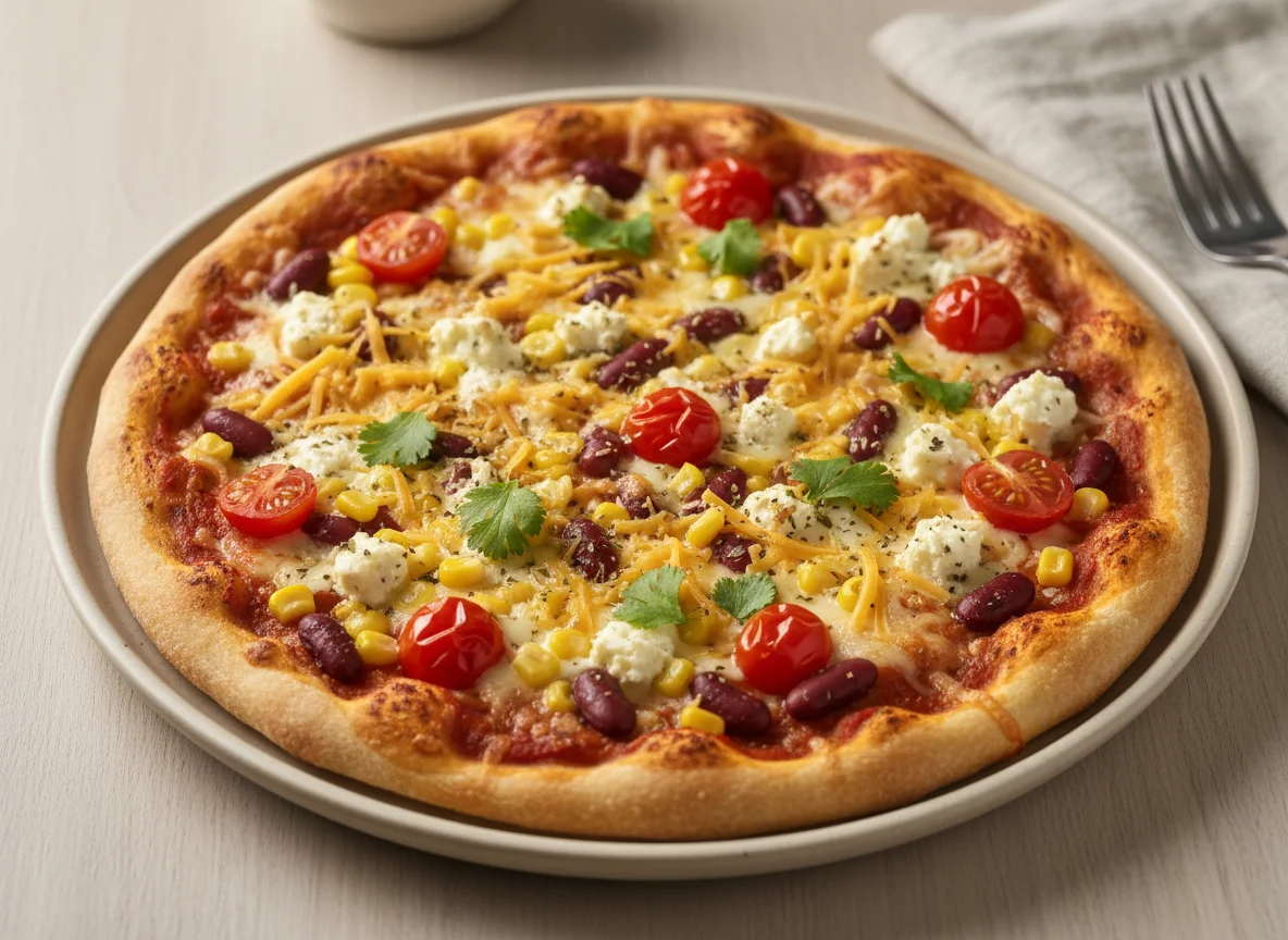 Pizza mit Kidneybohnen, Mais und Käse photo