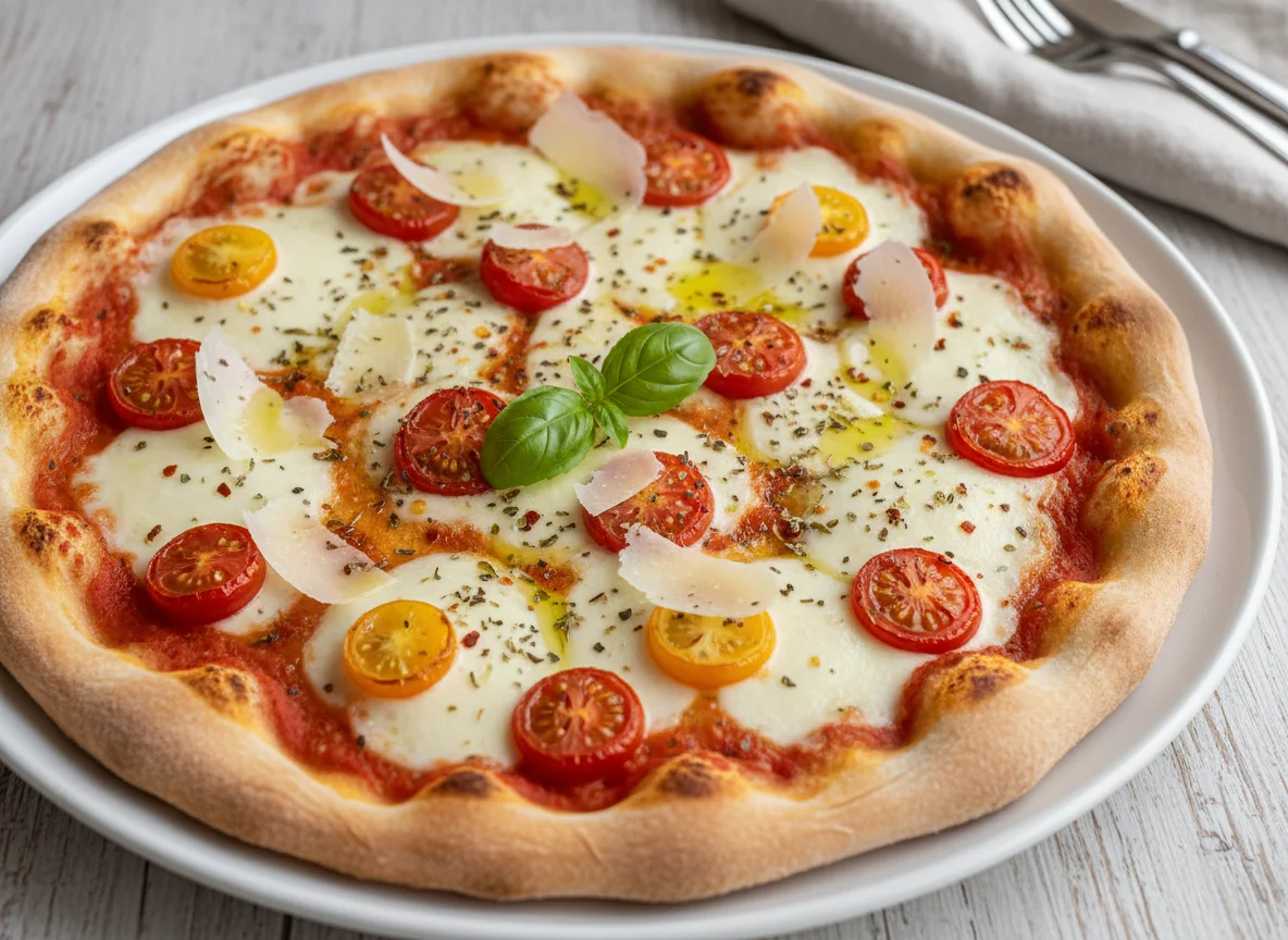 Pizza mit Kirschtomaten und Parmesan photo