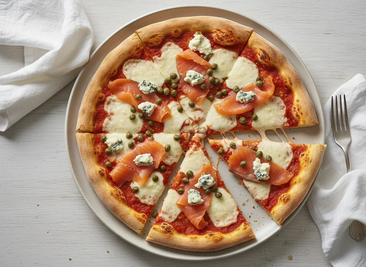 Pizza mit Lachs, Gorgonzola und Kapern photo