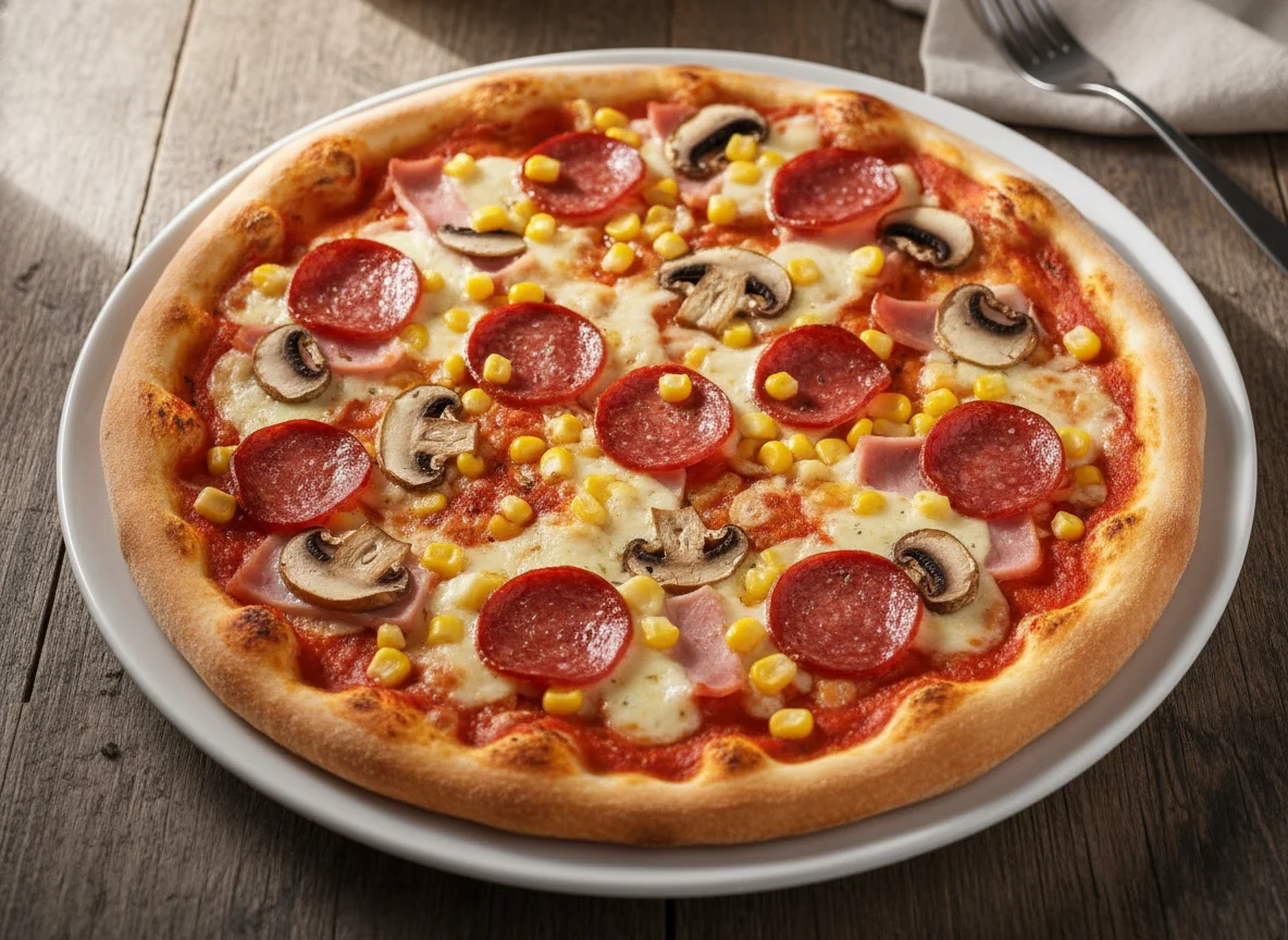 Pizza mit Mais, Pilzen, Salami und Schinken photo