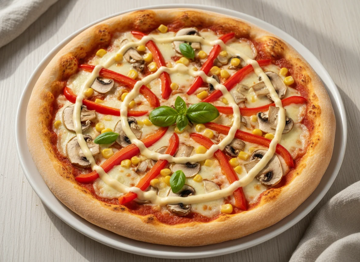 Pizza mit Mais, Pilzen und Paprika photo