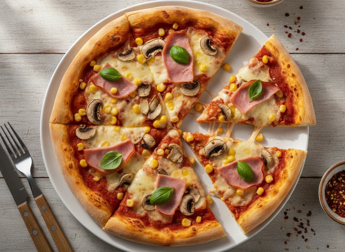 Pizza mit Mais, Pilzen und Schinken photo