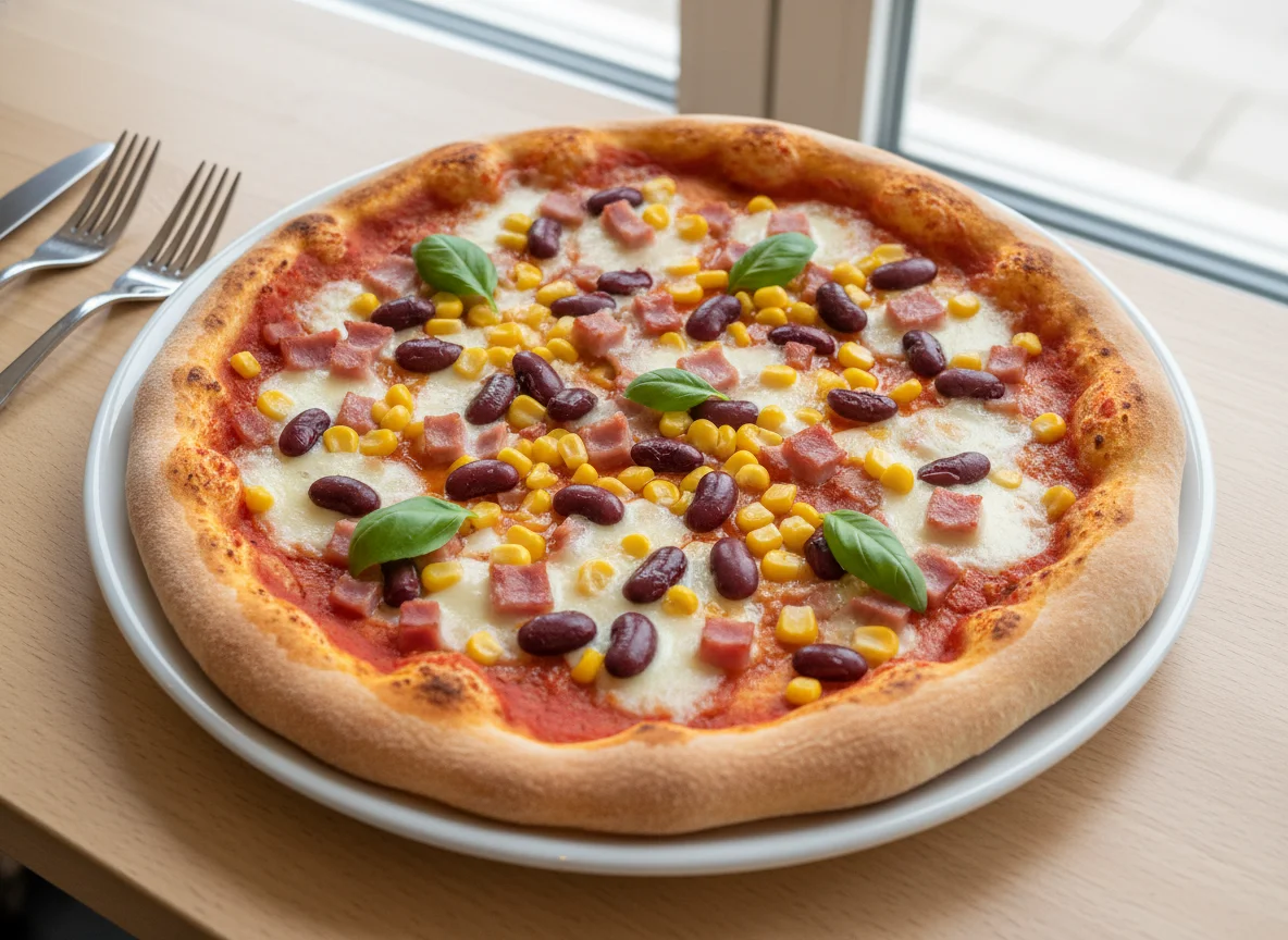 Pizza mit Mais, Schinken und Kidneybohnen photo
