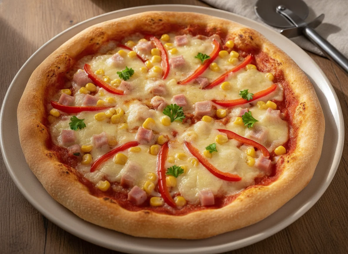 Pizza mit Mais, Schinken und Paprika photo