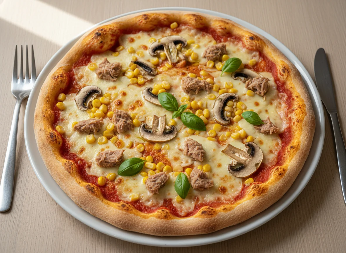 Pizza mit Mais, Thunfisch und Champignons photo
