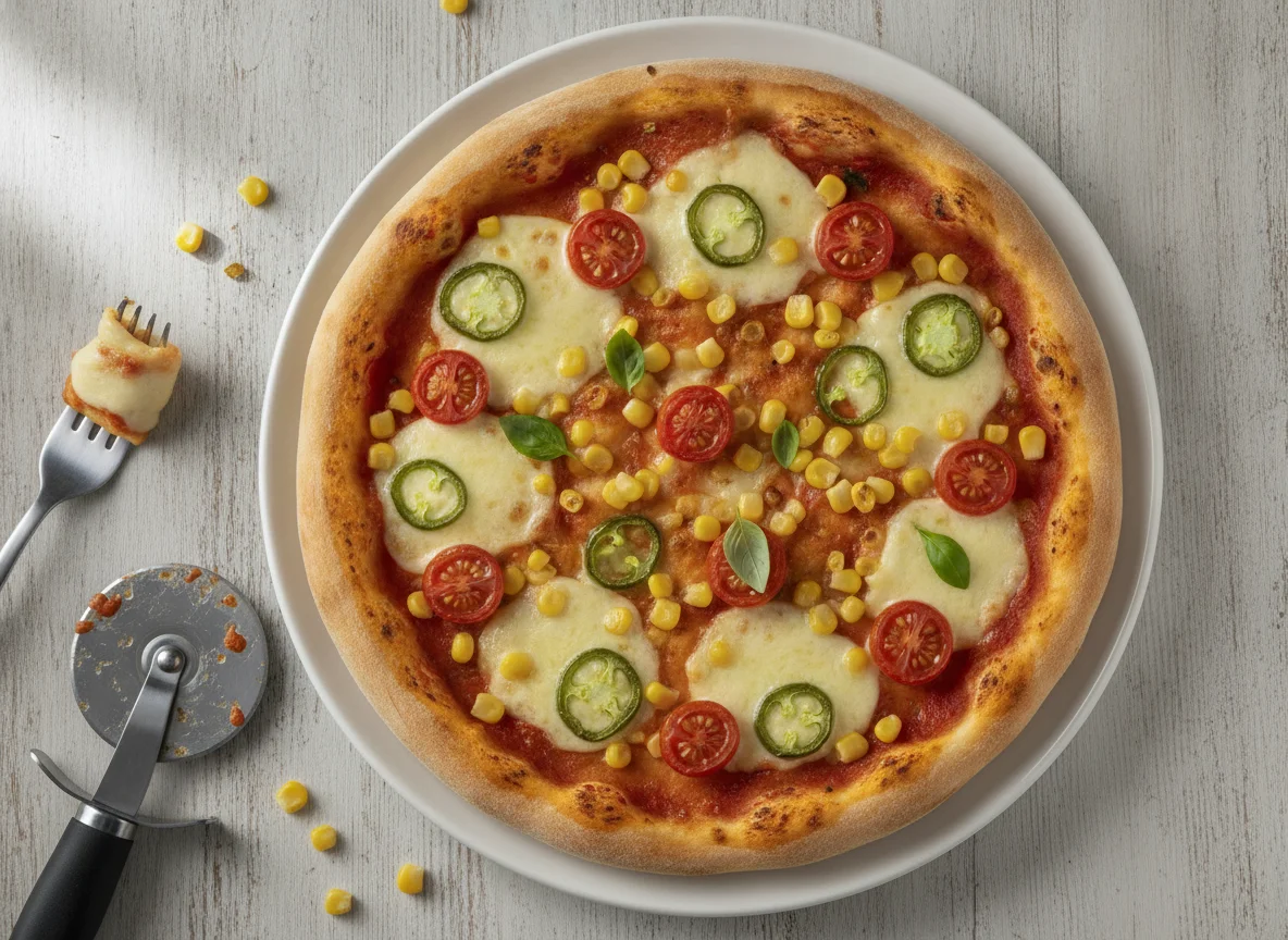 Pizza mit Mais, Tomaten und Jalapeños photo