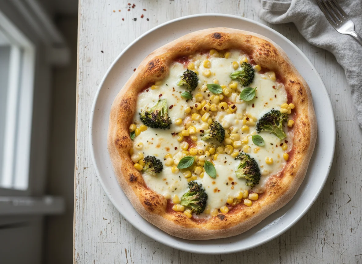 Pizza mit Mais und Brokkoli photo