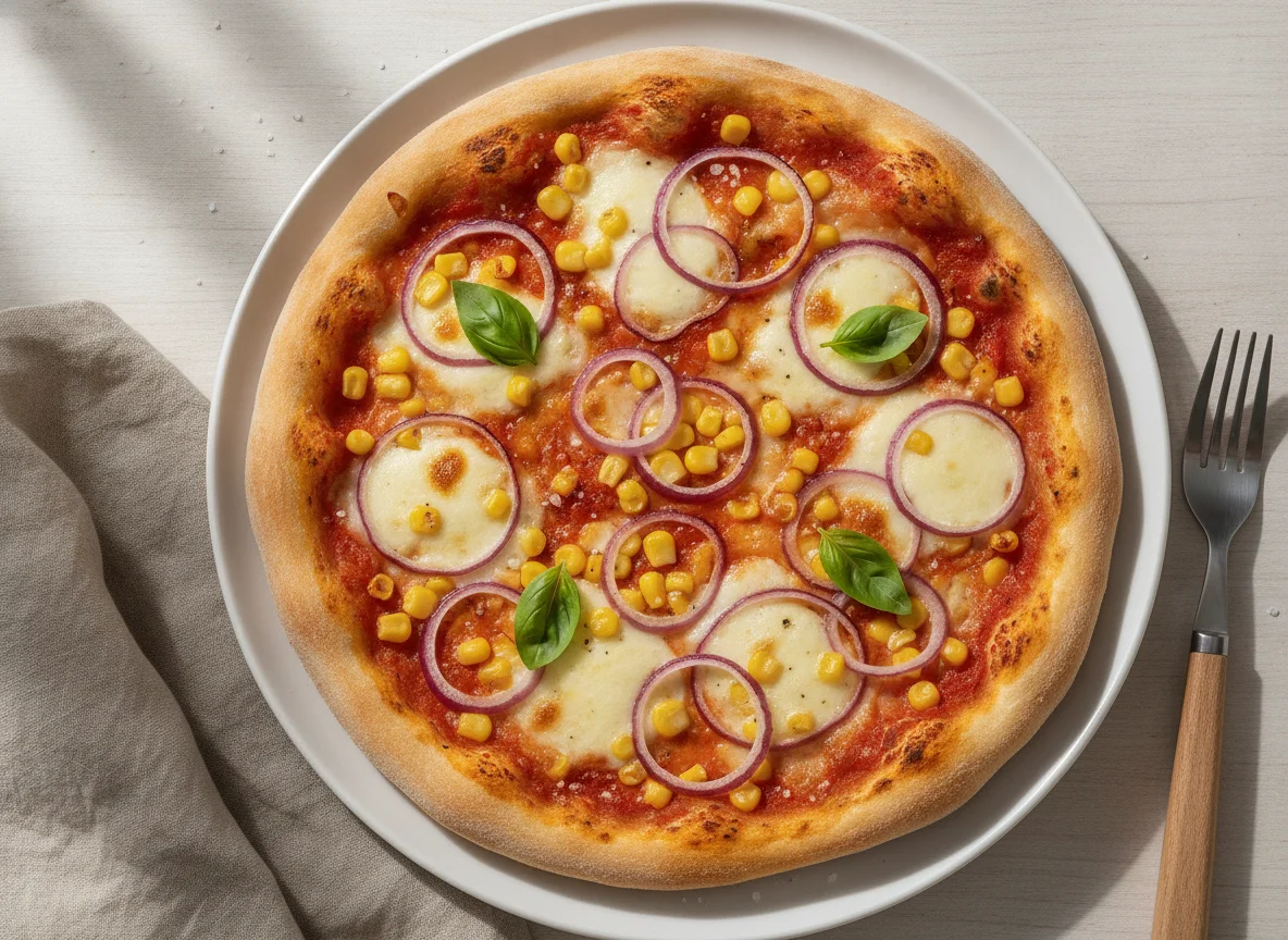 Pizza mit Mais und roten Zwiebeln photo