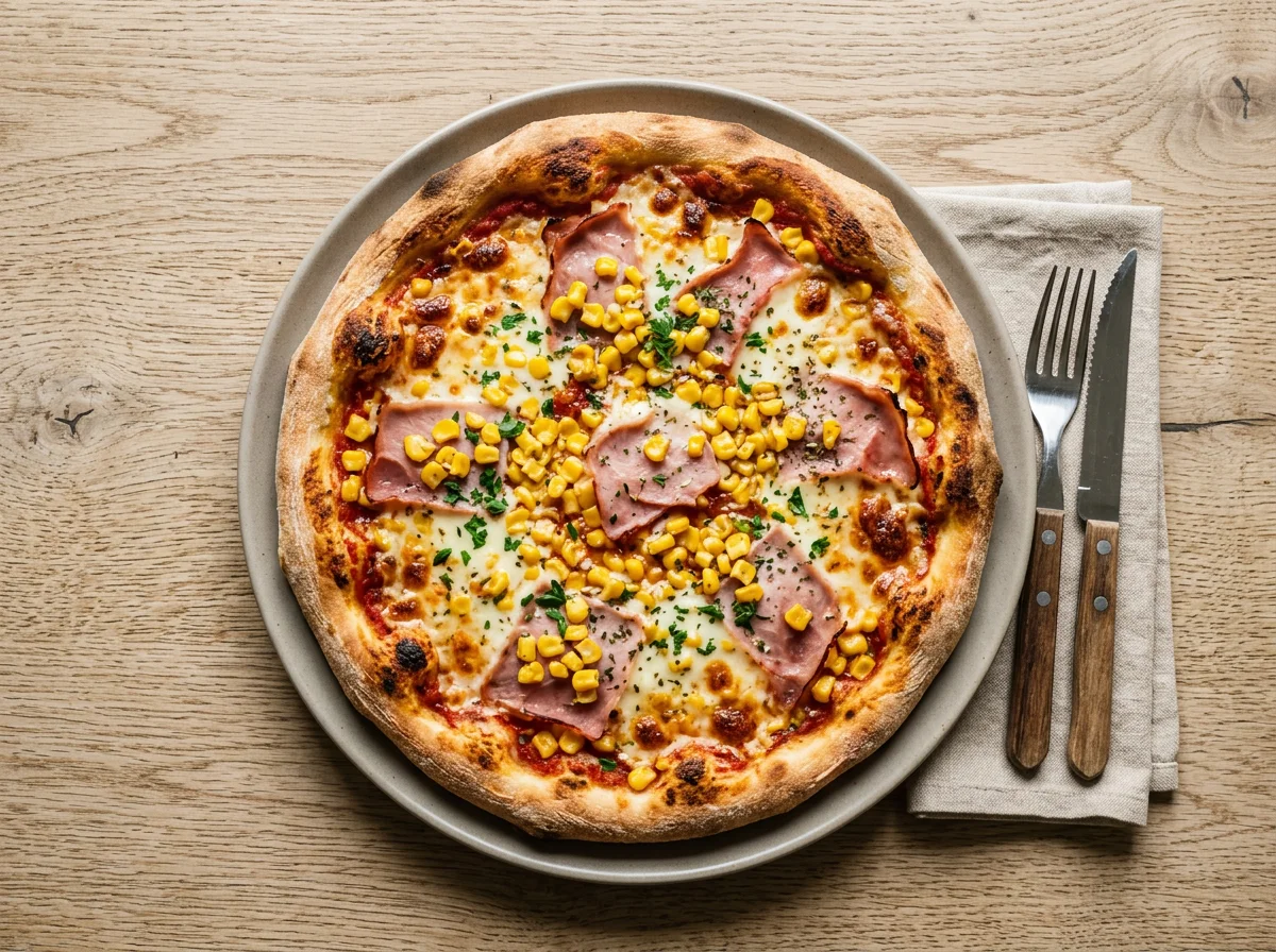 Pizza mit Mais und Schinken photo