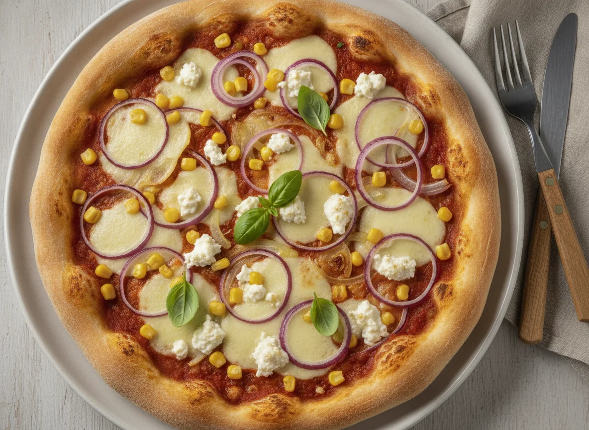 Pizza mit Mais, Zwiebeln und Feta photo