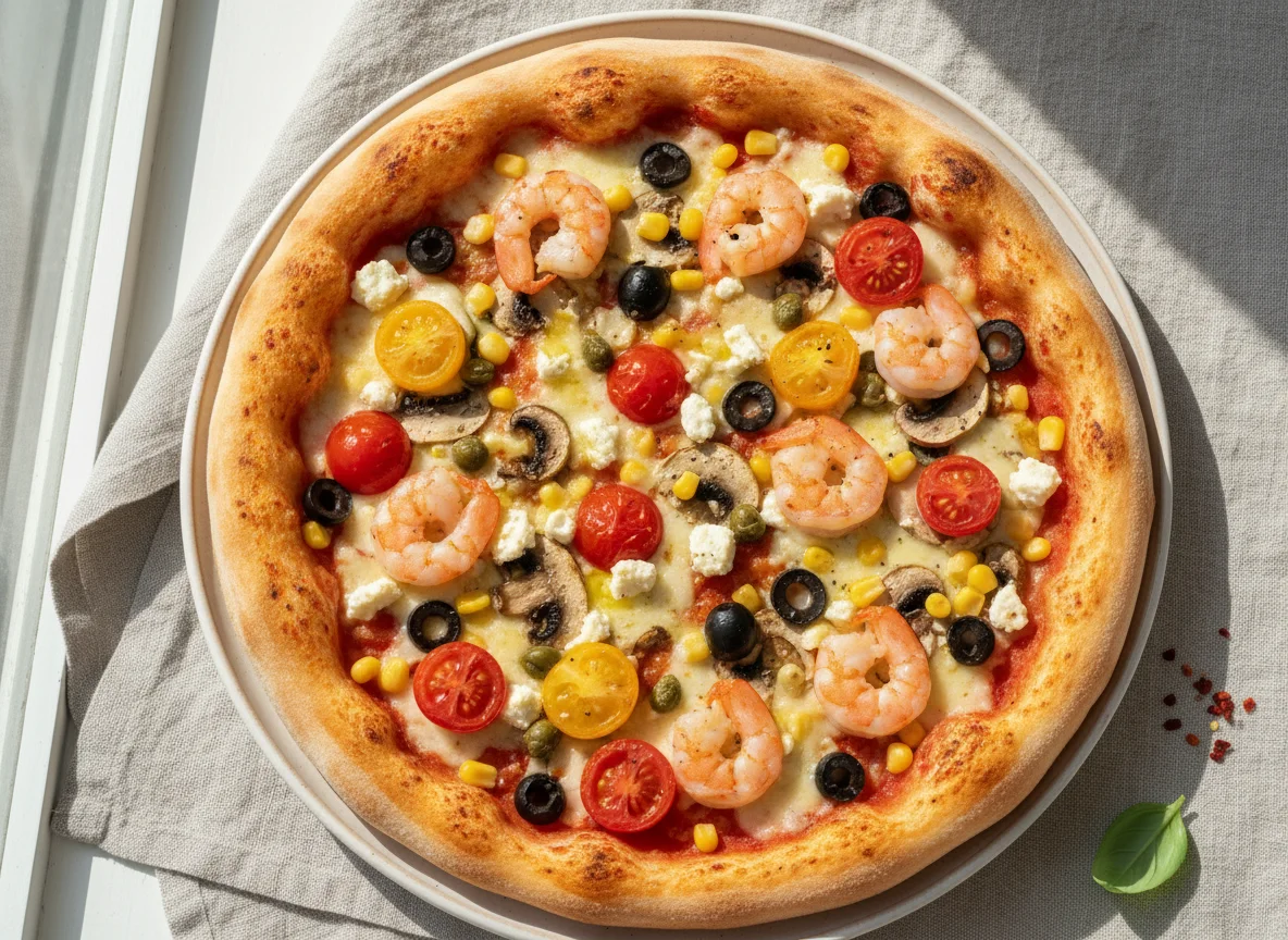 Pizza mit Meeresfrüchten und Gemüse photo