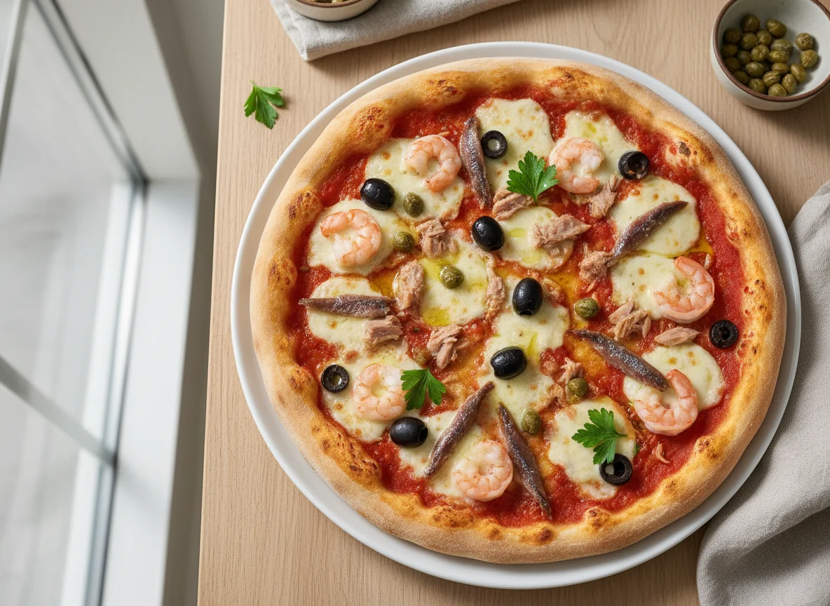 Pizza mit Meeresfrüchten und Kapern photo