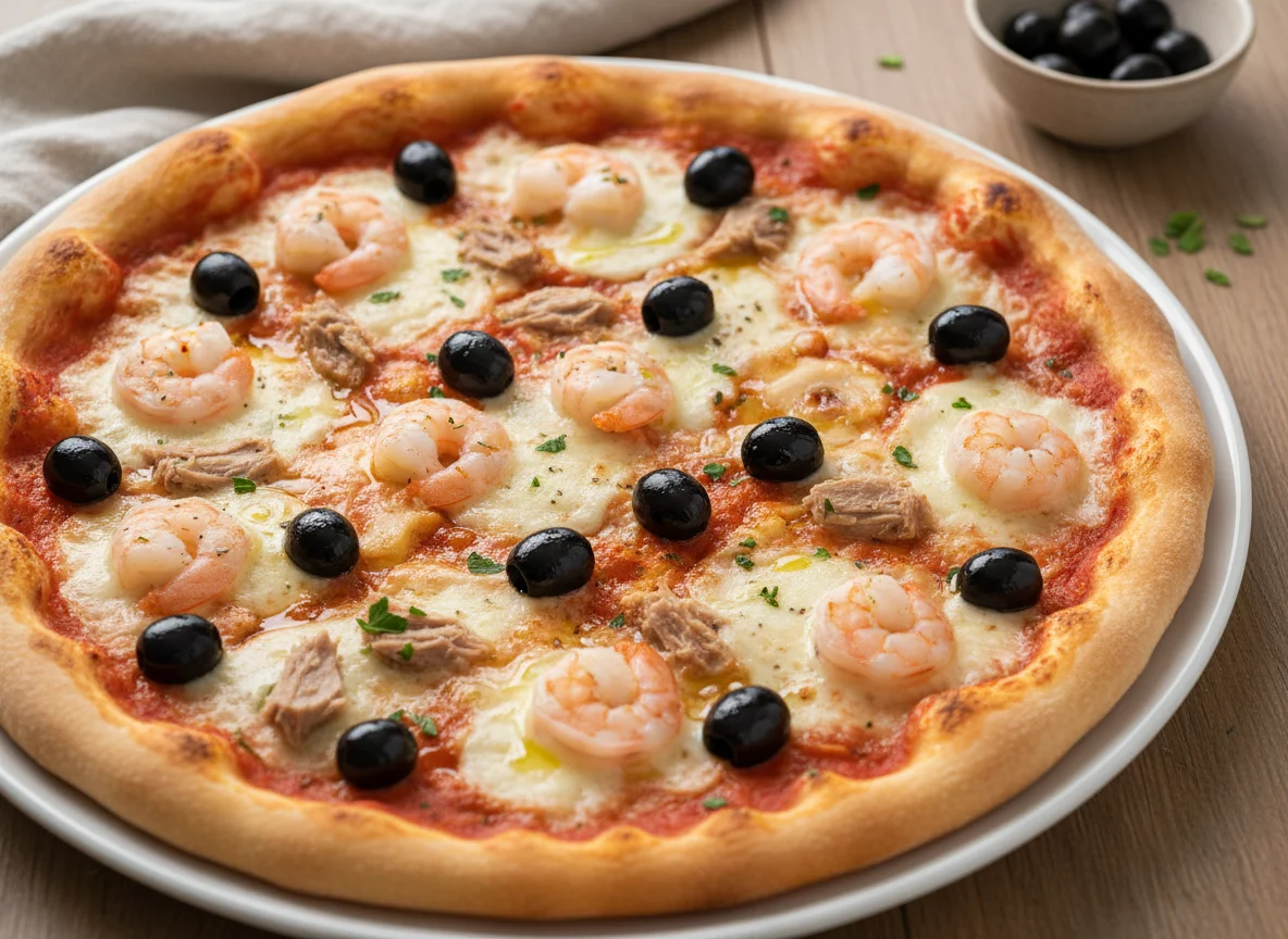 Pizza mit Meeresfrüchten und Oliven photo