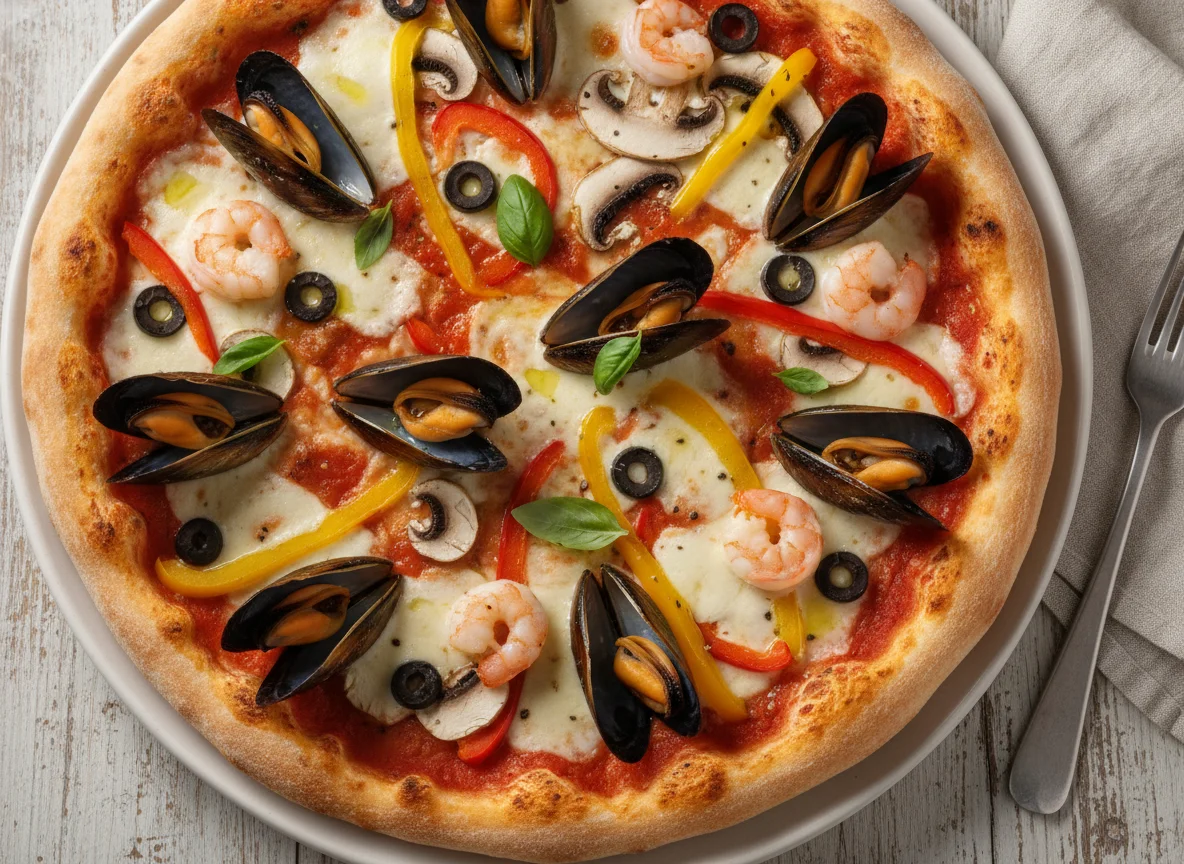 Pizza mit Meeresfrüchten und Pilzen photo