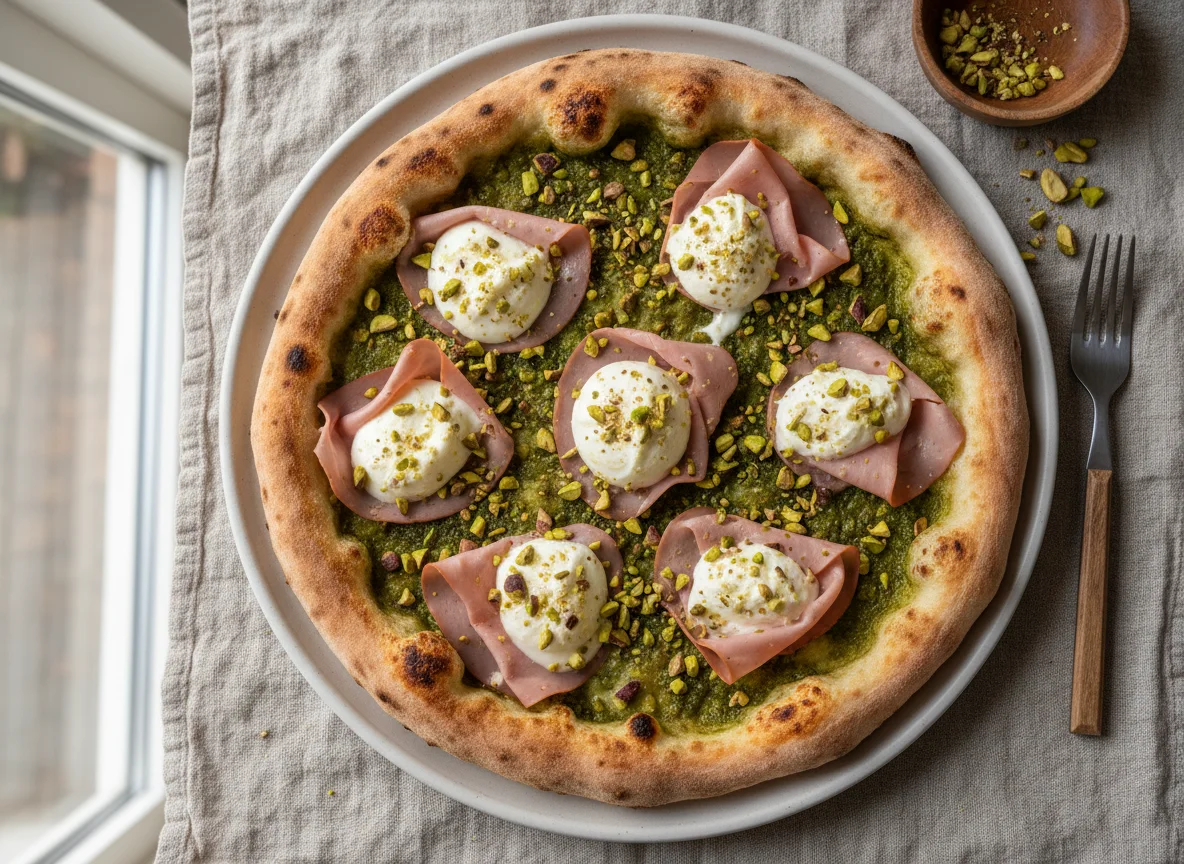 Pizza mit Mortadella, Burrata und Pistazien photo