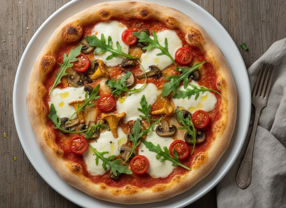 Pizza mit Mozzarella, Tomaten, Pilzen und Rucola photo